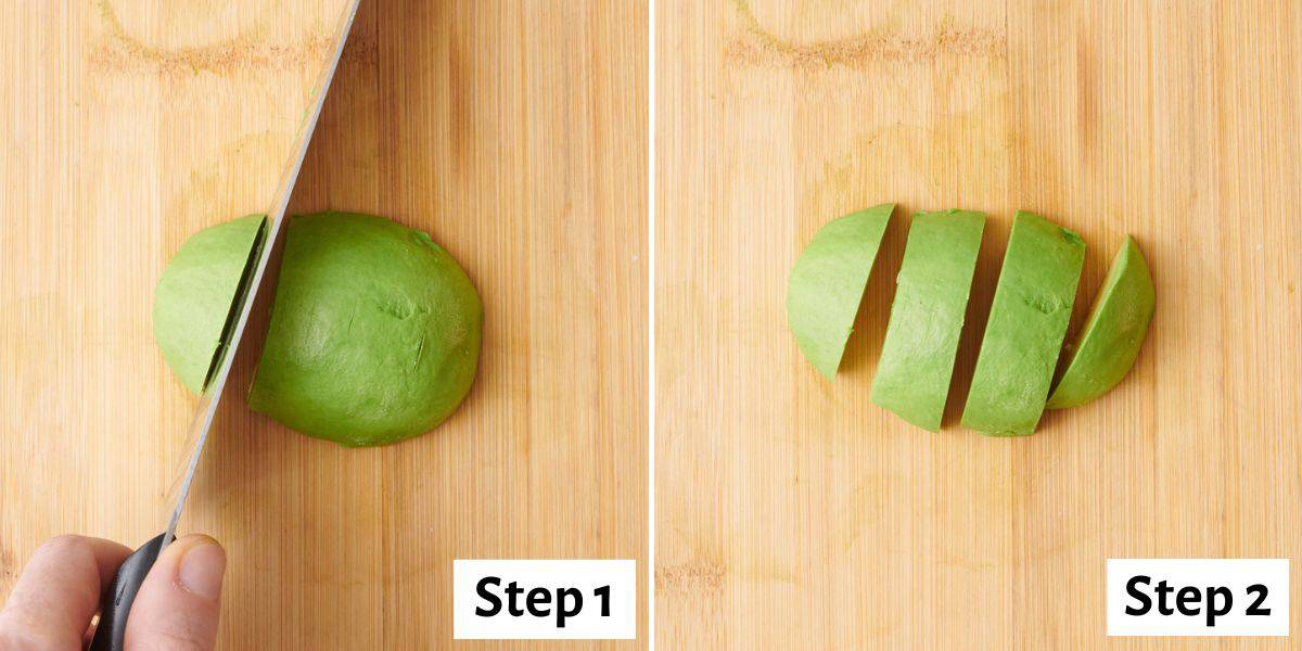2 image collage cutting a halved avocado into wedges.