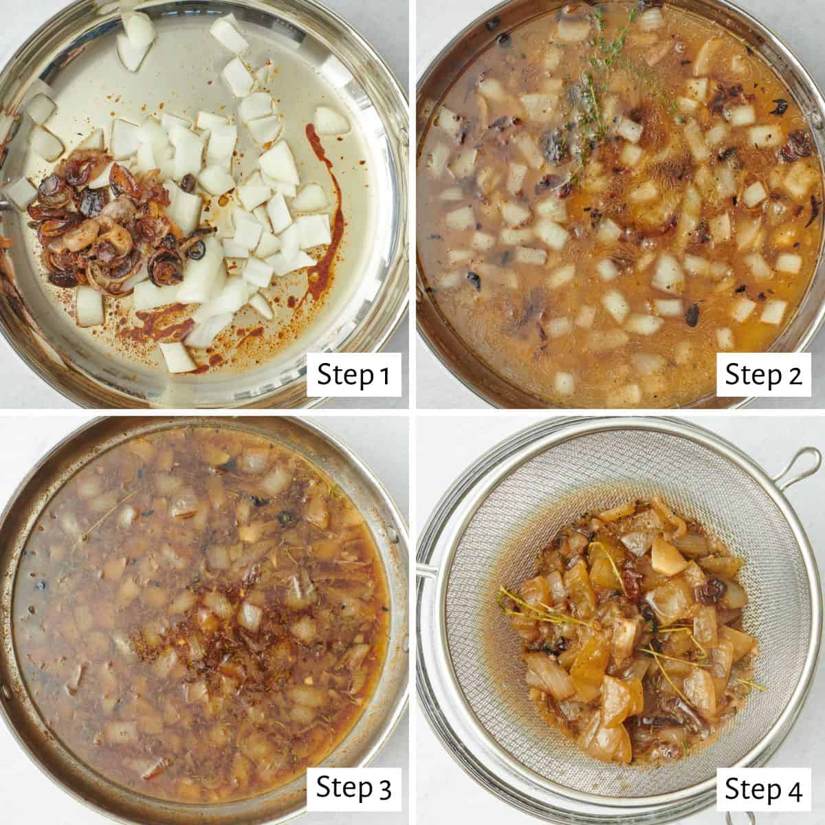 4 image collage making recipe: 1- drippings and extra fresh onions in a skillet, 2- after sautéing onions with broth and seasoning added, 3- after simmering and reducing, 4- straining au jus.