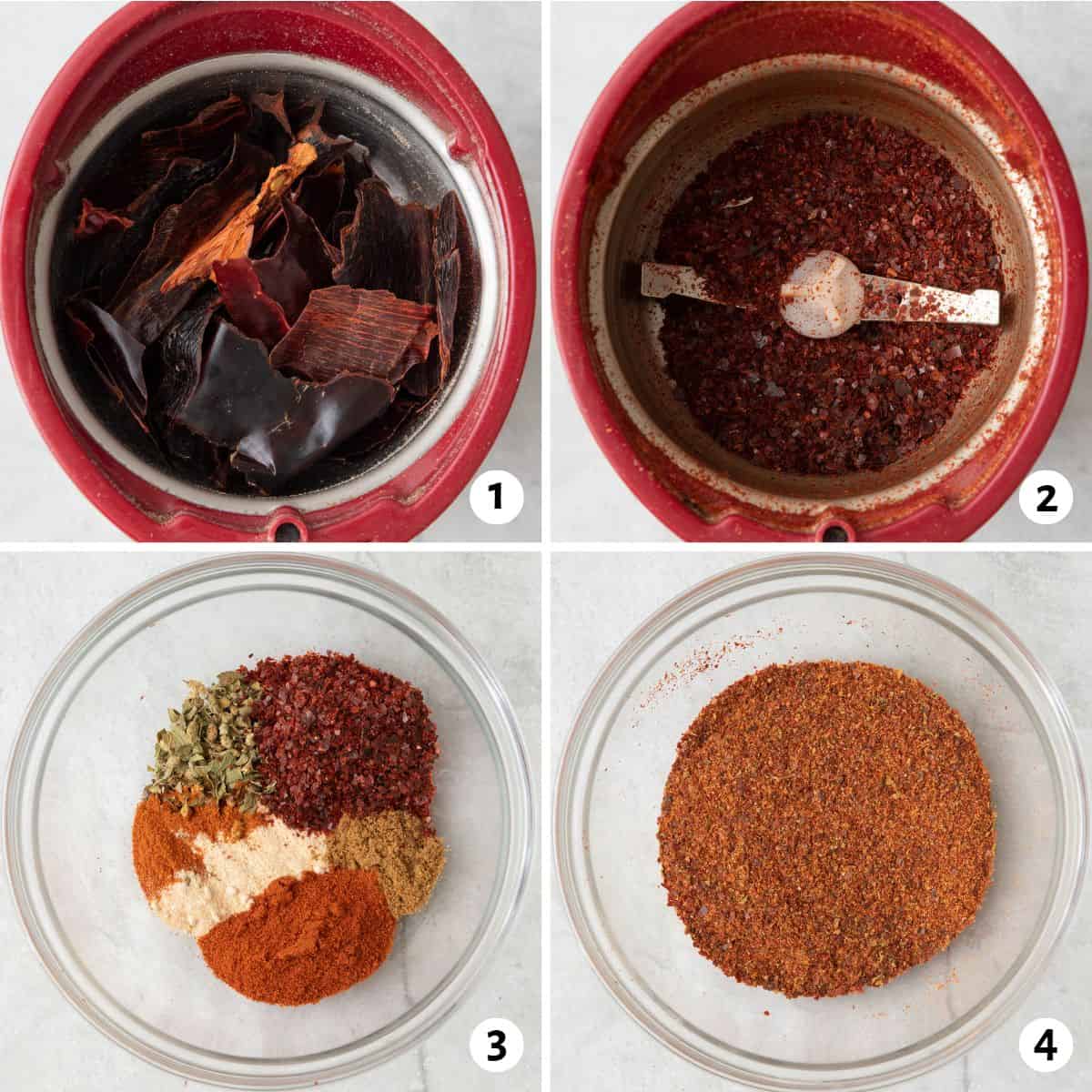 4 image collage making recipe: 1- dried chilis in a spice grinder, 2- after grinding, 3- spice blend added to a small bowl before combining, 4- after combining.