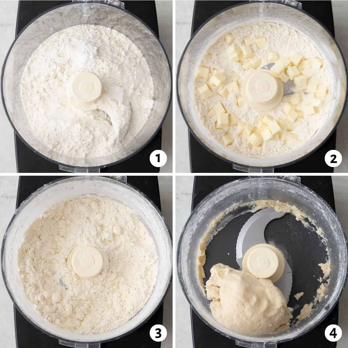 4 image collage making dough: 1- dry ingredients in a food processor, 2- butter cubes added, 3- mixture after butter is chopped in, 4- after processing to show a soft dough ball.