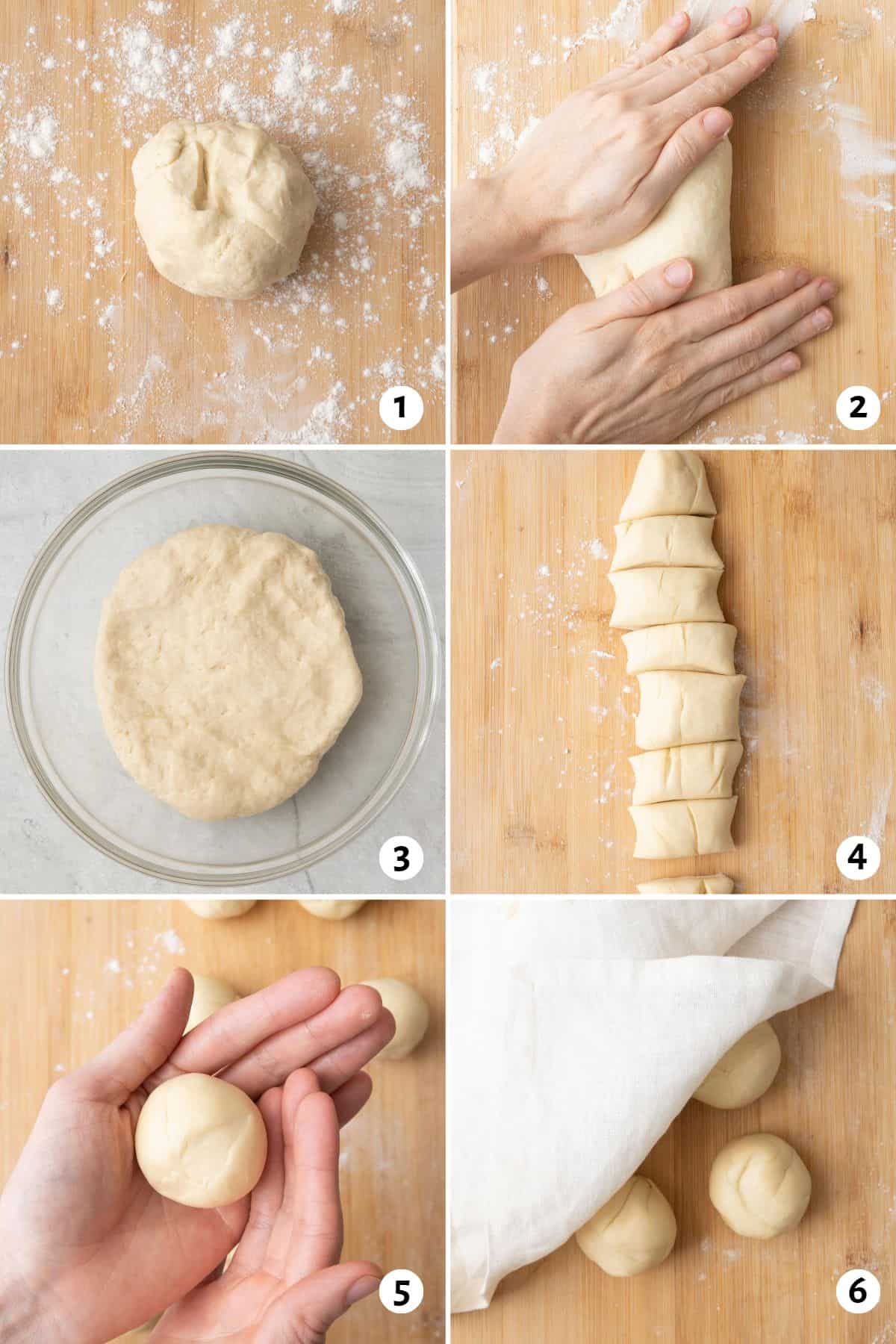 6 image collage preparing dough: 1- dough ball on floured surface, 2- hands kneading dough, 3- dough resting in a bowl, 4- after resting returned to floured surface cut into 8 equal pieces, 5- hands rolling into a dough ball, 6- dough balls covered with a towel.