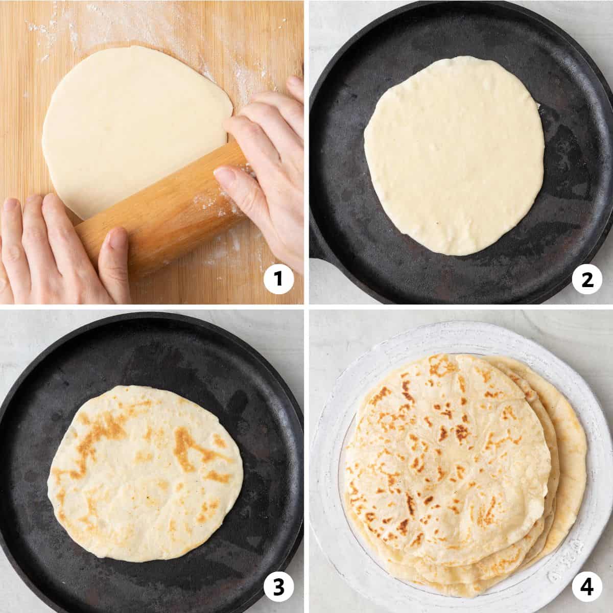 4 image collage making recipe: 1- flattening dough ball into a flat tortilla with a rolling pin, 2- flour shell in a skillet, 3- after flipping, 4- plate of cooked flour shells.