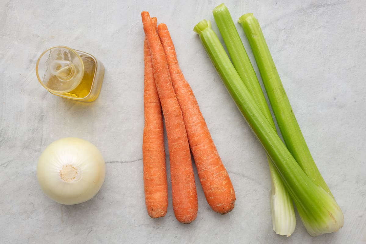 Ingredients for recipe: oil, onion, carrots, and celery.