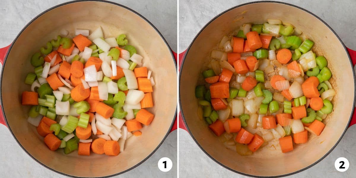2 image collage before and after cooking a medley medium sized chunks of carrots, onions, and celery.