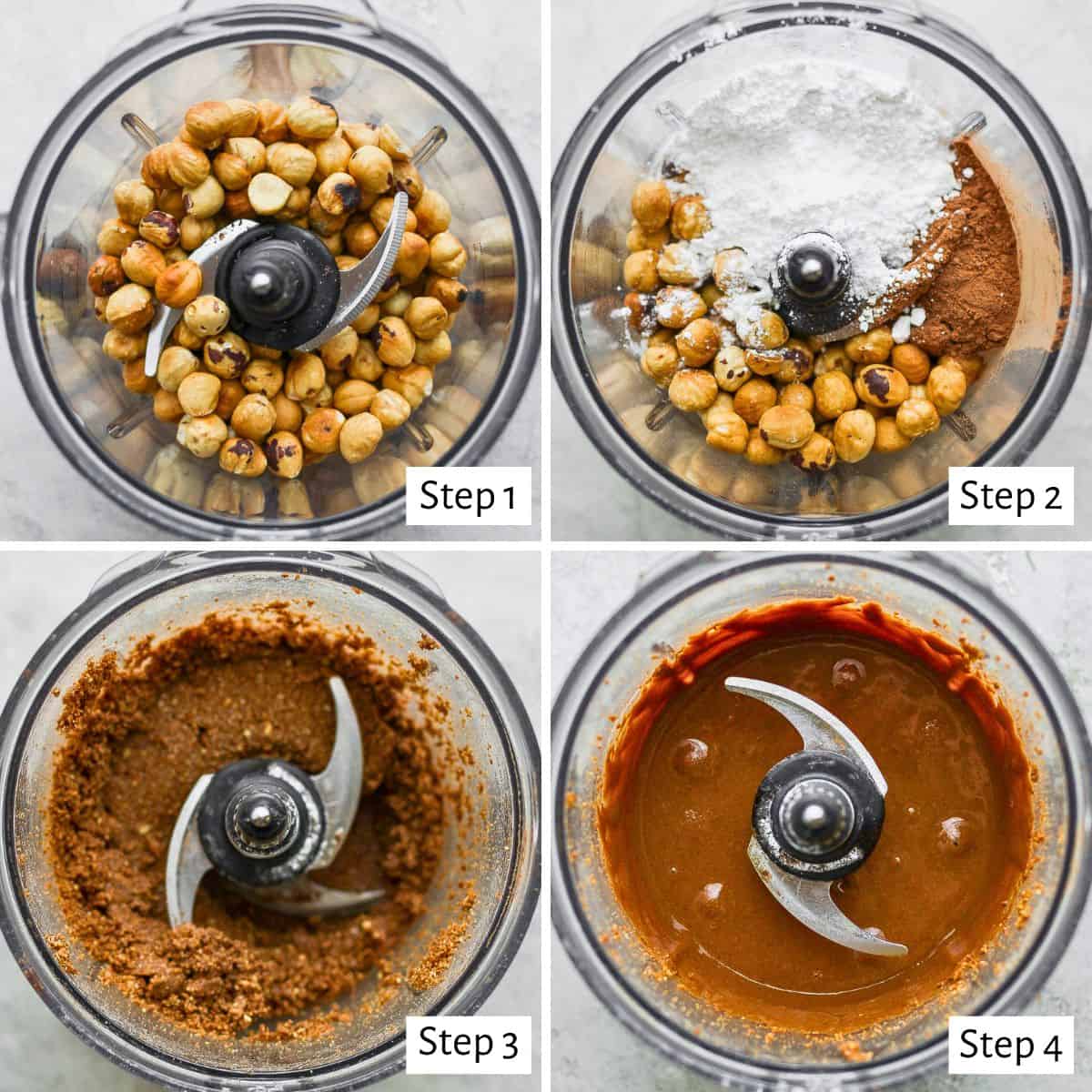 4 photos in collage to show the steps for blending the ingredients to make the spread in a food processor