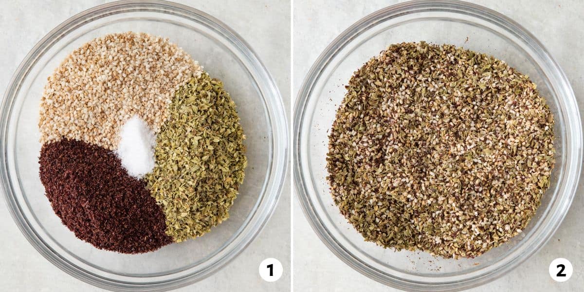 2 image collage of spices before and after blending.