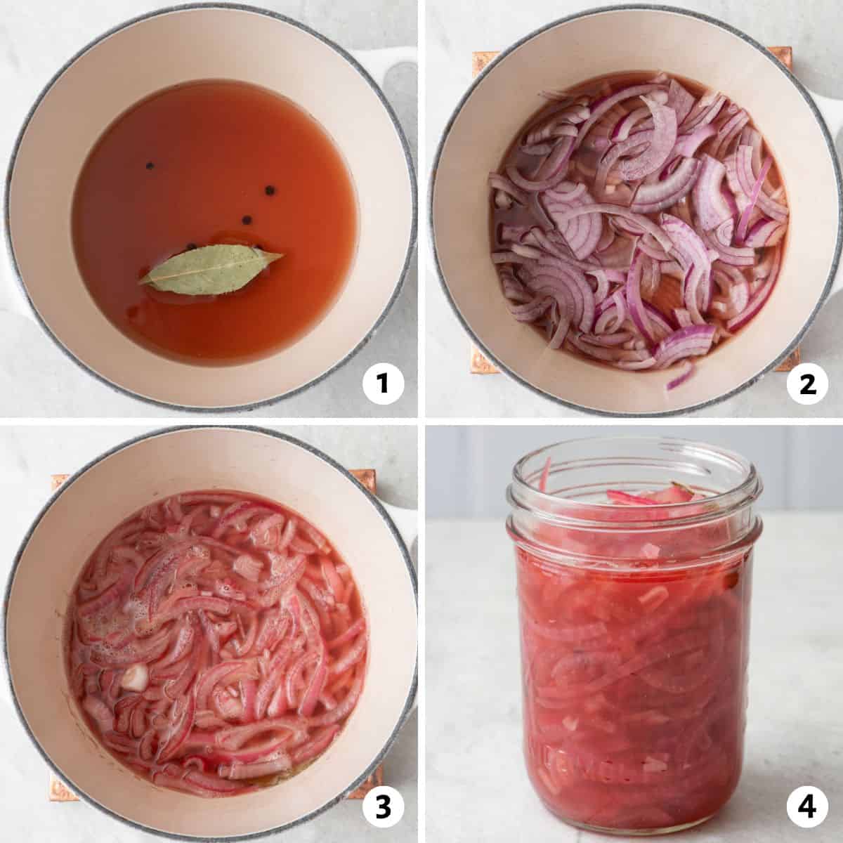 3 photo collage to show steps for how to pickle onions the quick qay