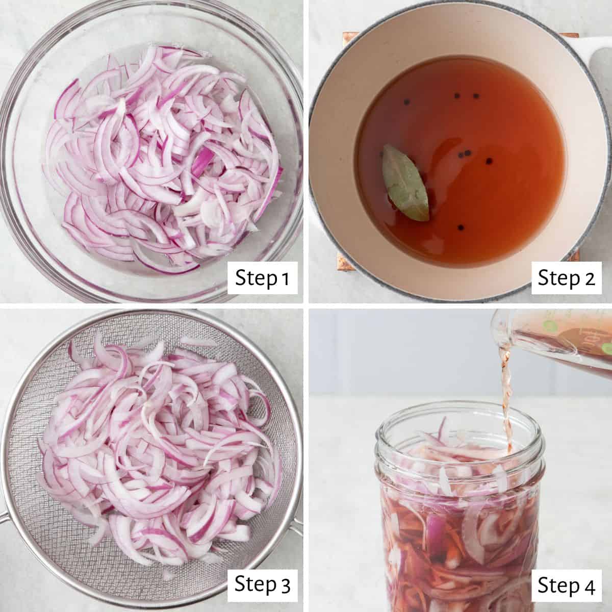 4 photo collage showing steps for how to pickle onions to show way
