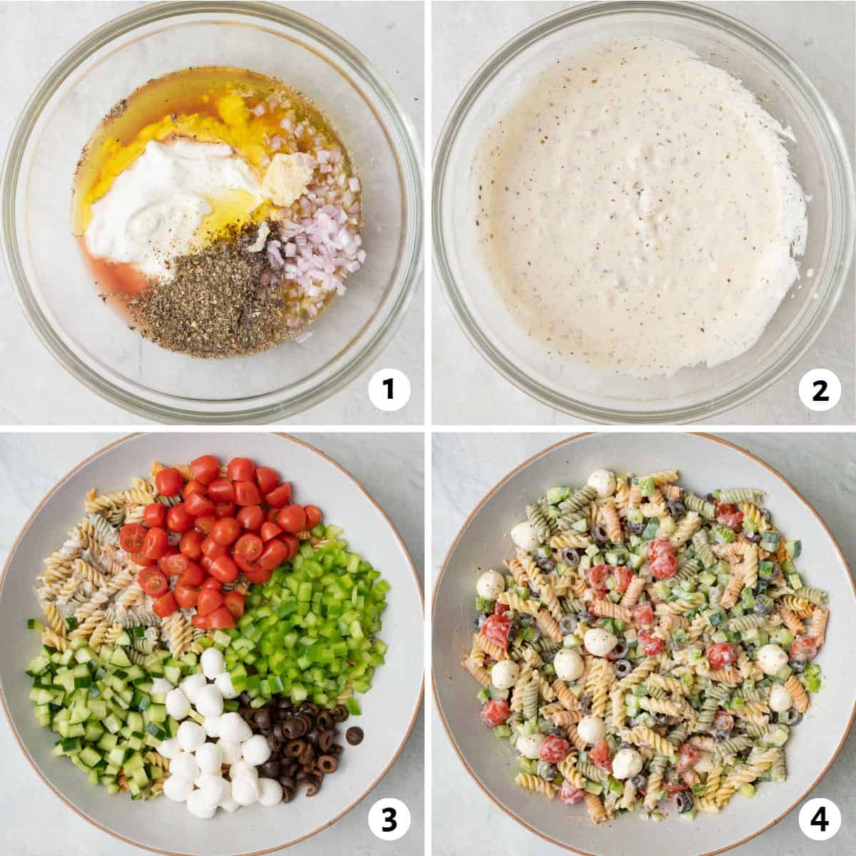 4 image collage making recipe: 1- dressing ingredients added to a bowl before combing, 2- after combining to show a creamy dressing, 3- pasta and vegetables in a serving bowl, prepped and seperated, 4- pasta salad after tossing together with dressing.