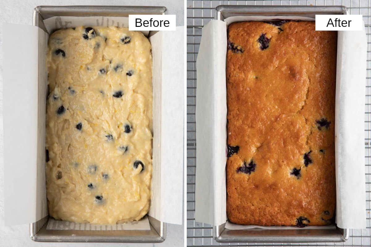 2 image collage of bread before and after baking in a parchment line loaf pan.