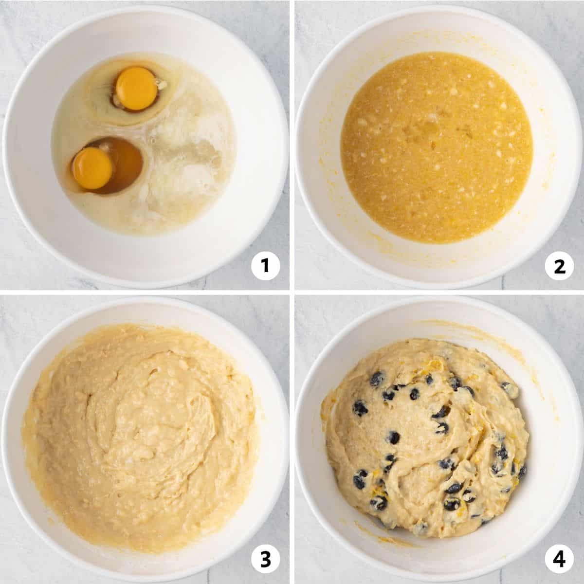 4 image collage preparing batter: wet ingredients in bowl before mixing, 2- after mixing, 3- dry ingredients incorporated, 4- blueberries folded in.