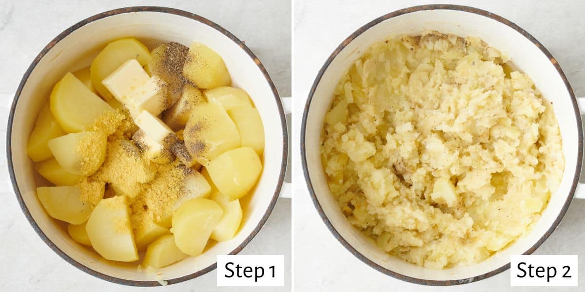 2 image collage showing cooked cubed potatoes in a pot with seasoning and butter before and after mashing.