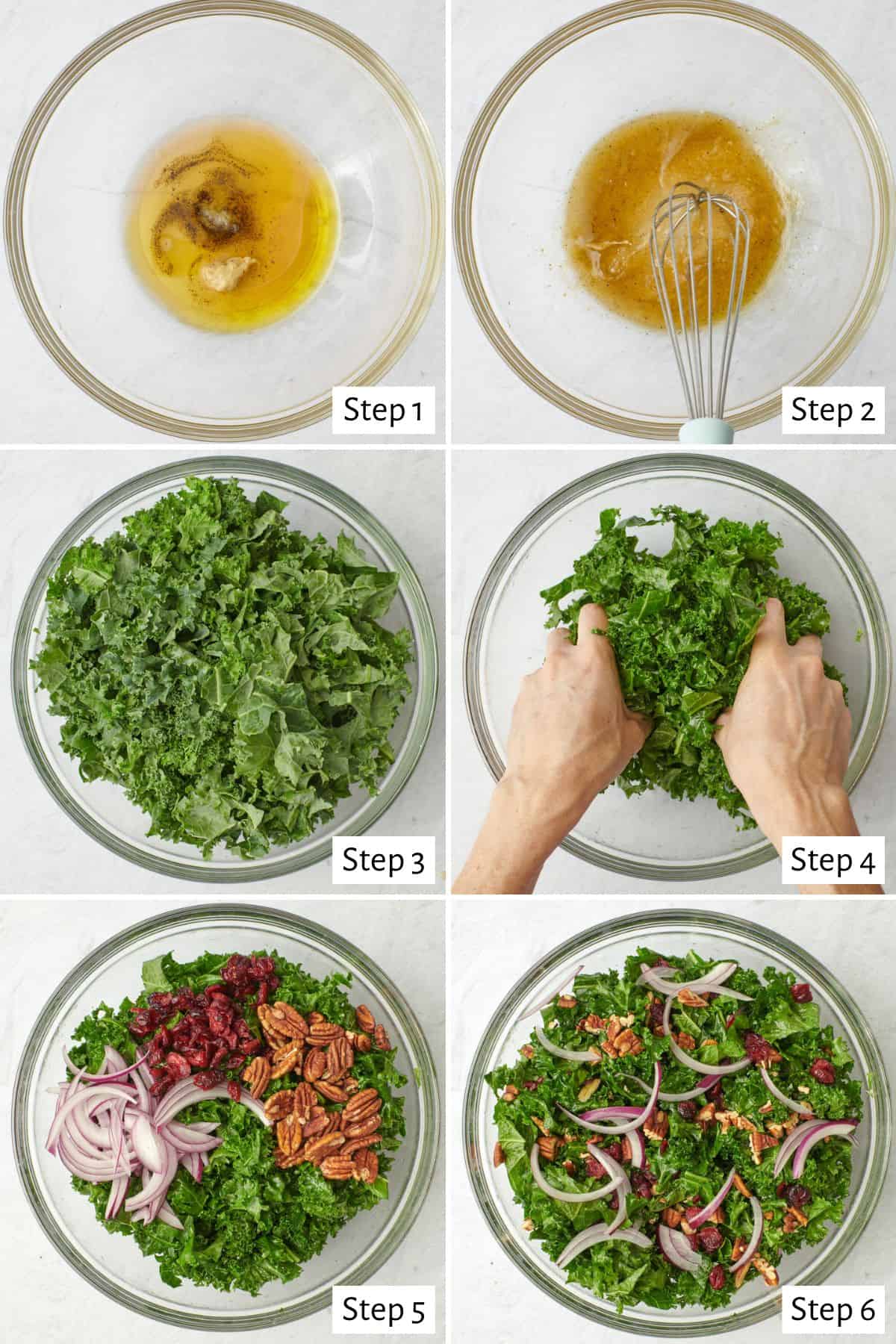6 image collage making recipe in a large bowl: 1- dressing ingredients added, 2- dressing being whisked together, 3- chopped kale added on top, 4- hands massaging dressing into kale, 5- sliced onions, dried cranberries, and toasted pecans halves added on top, 6- after tossing together.