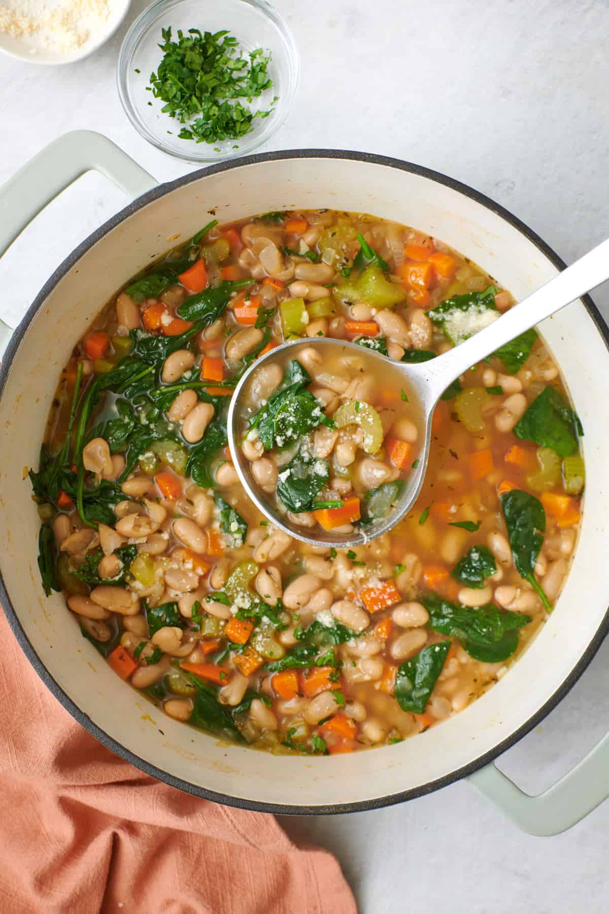 Completed Mediterranean White Bean Soup after cooking in a large pot