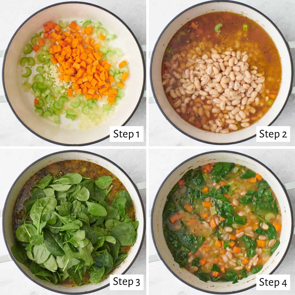 Collage showing steps to make white bean soup - saute onions, then add carrots and celery