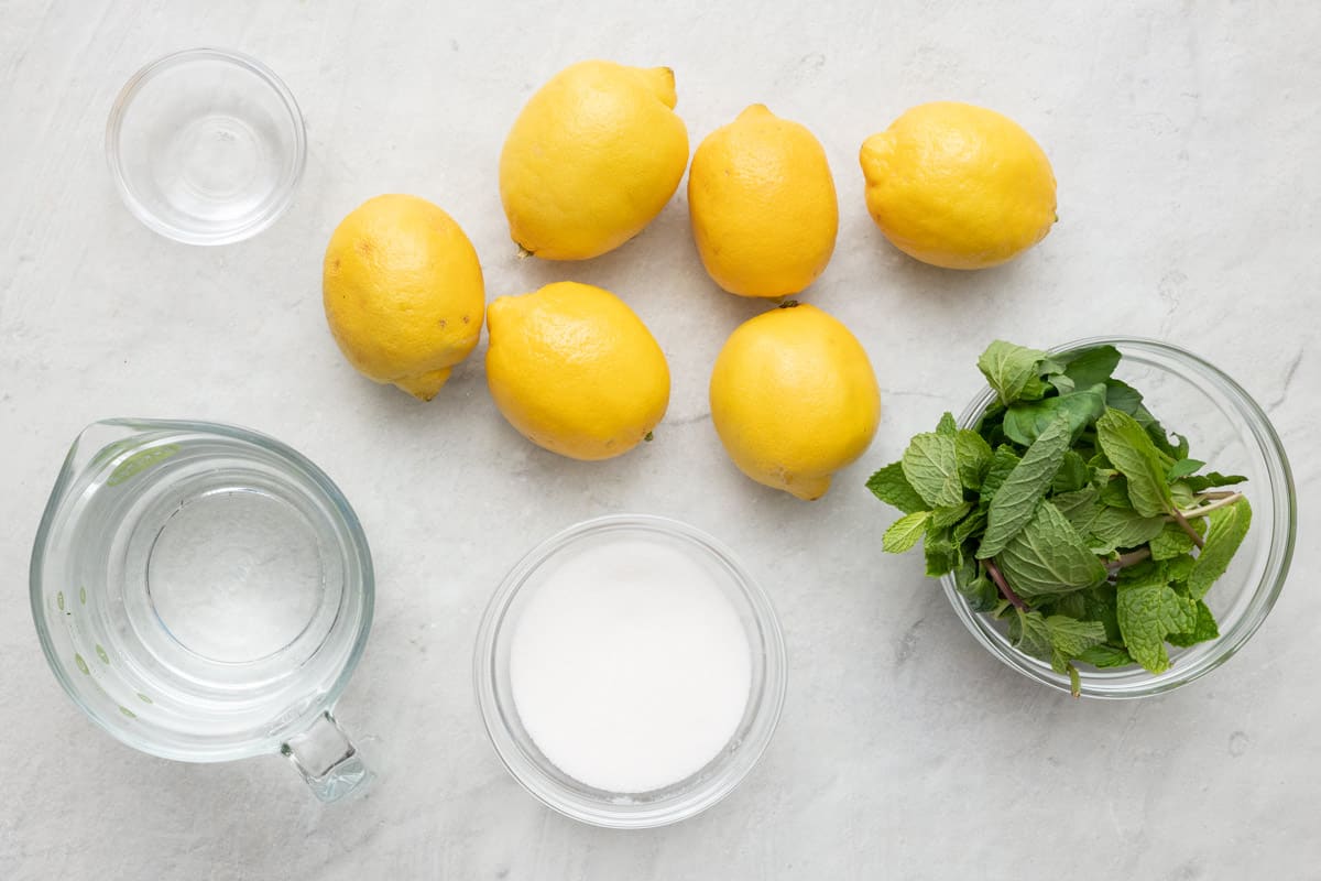 Ingredients for recipe: rose water, water, lemons, sugar, and mint leaves.