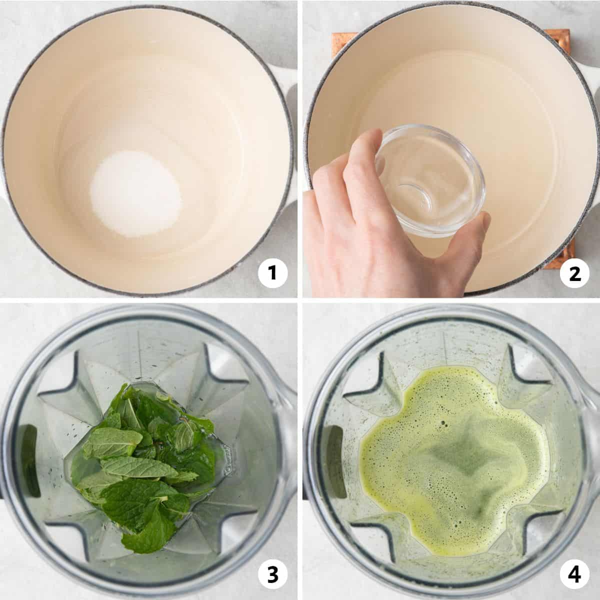 4 image collage making recipe: water and sugar in a pot, 2- rose water added after sugar dissolves, 3- mint leaves and liquid in a blender, 4- after blending.