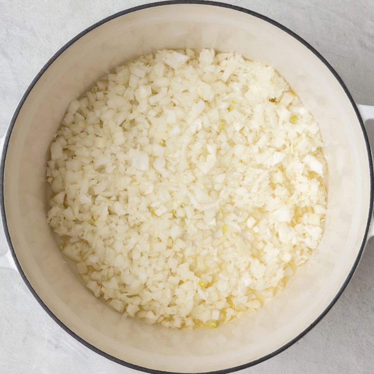 Onions in a large pot before cooking.
