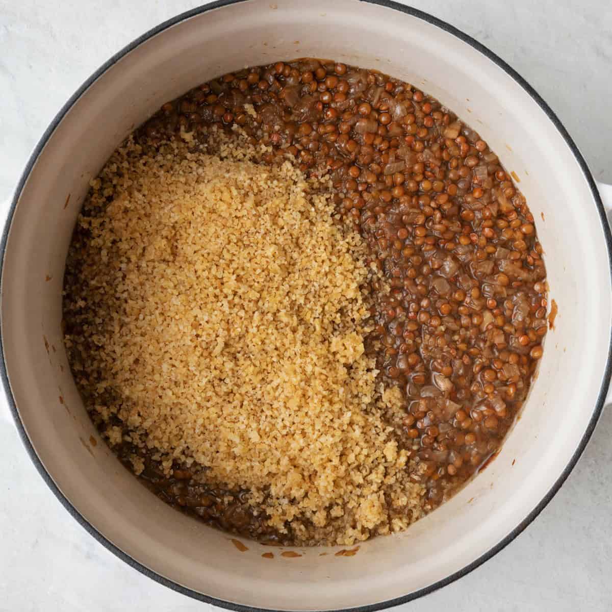 After cooking lentils with bulgur added before combined.