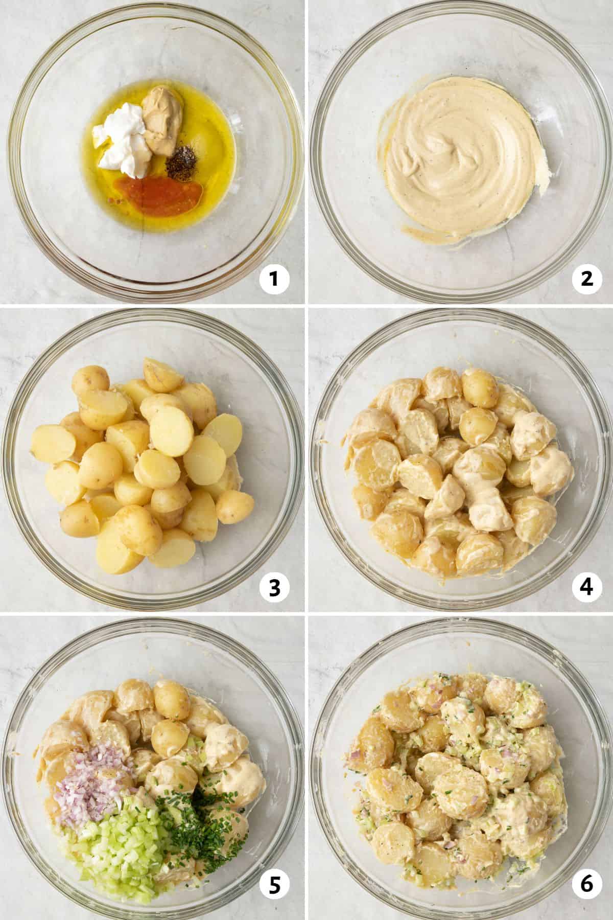 6 image collage making recipe in one bowl: 1- dressing ingredients added, 2- after combined, 3- cooked potatoes added on top, 4- after tossed with dressing, 5- remaining ingredients added, and 6- after fully combined.