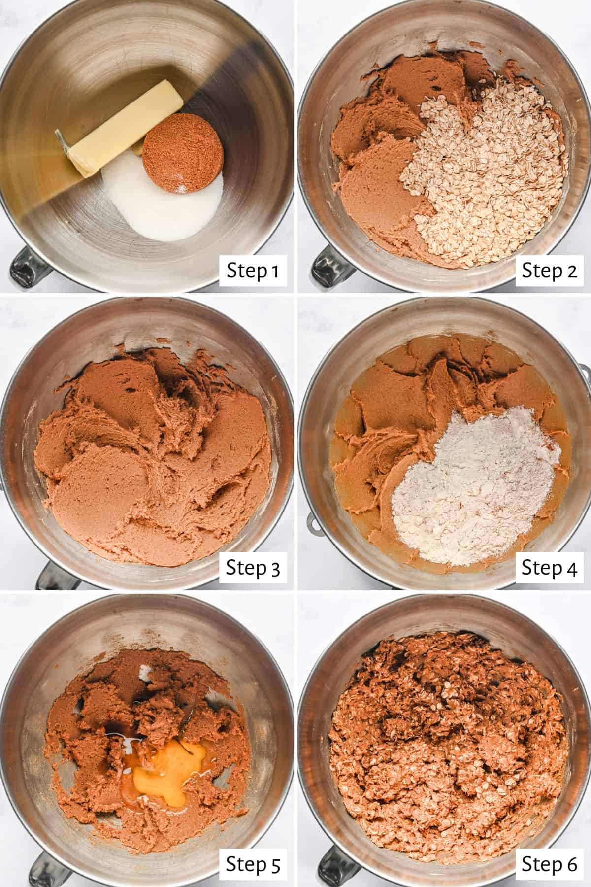 6 image collage making recipe: 1- butter and sugar in the bowl of a stand mixer before creaming, 2- after creaming with an egg and vanilla added, 3- after mixing with the dry ingredients added, 4- after flour combined into dough, 5- oats added, 6- after dough and oats are folded together.