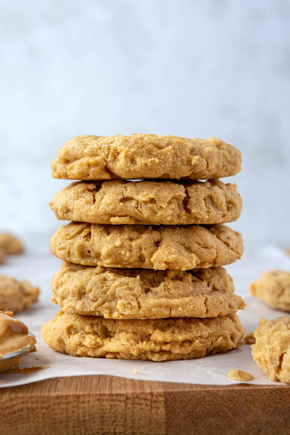 Close-up shot of a stack of 5 peanut butter oatmeal cookies