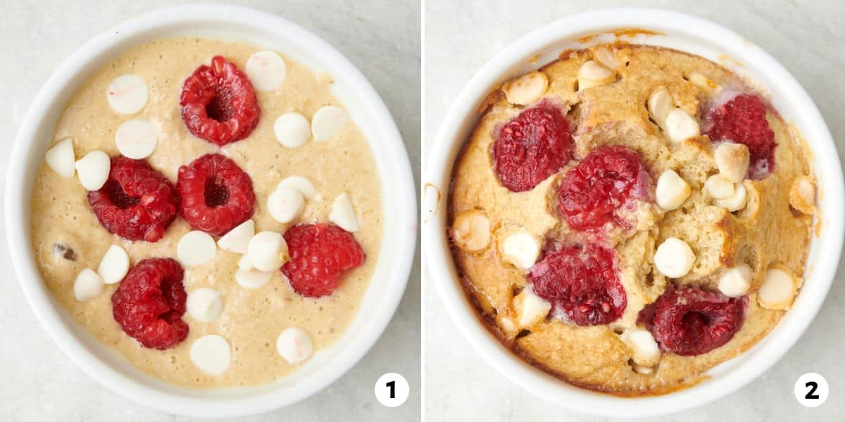 2 image collage showing raspberry white chocolate baked oats before and after baking