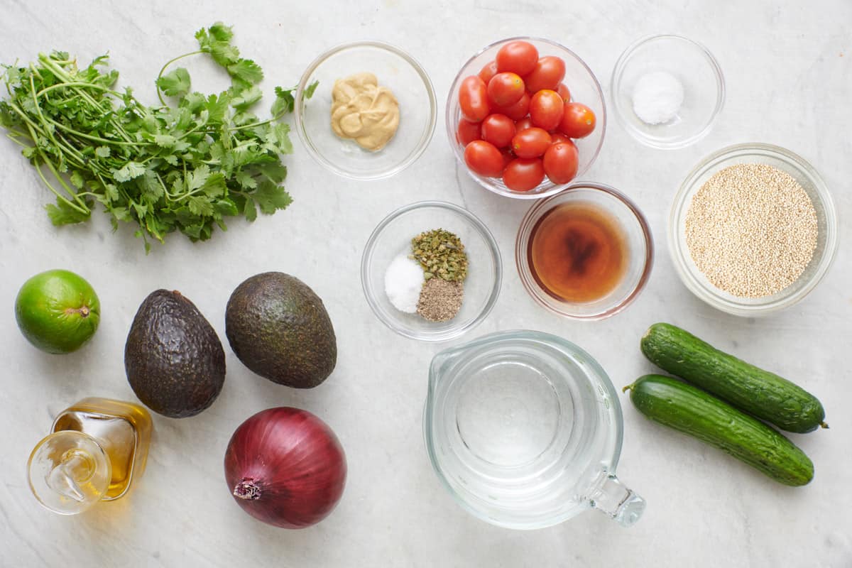 Ingredients to make quinoa avocado salad
