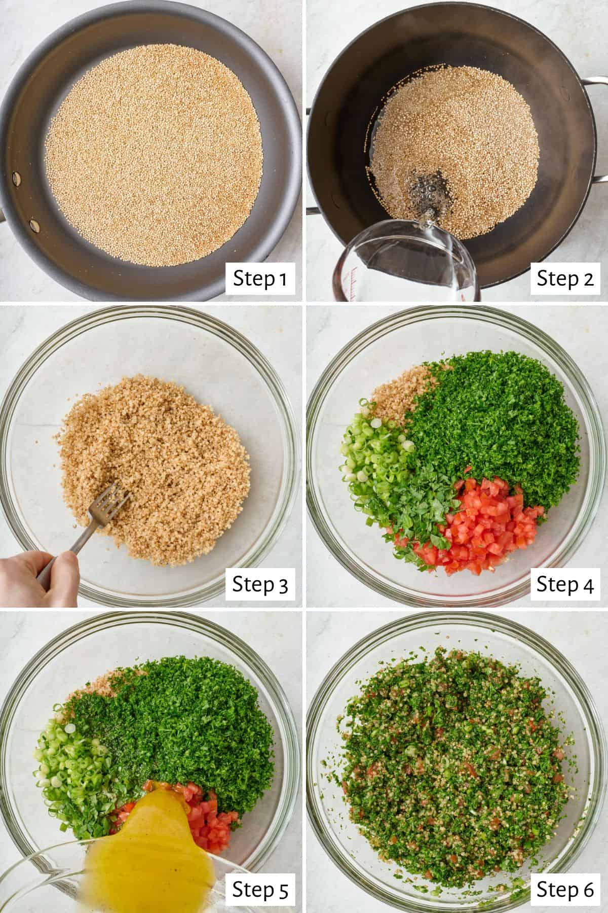 Collage of two images showing the quinoa tabbouleh assembly: parsley, mint and tomatoes, then quinoa and the dressing