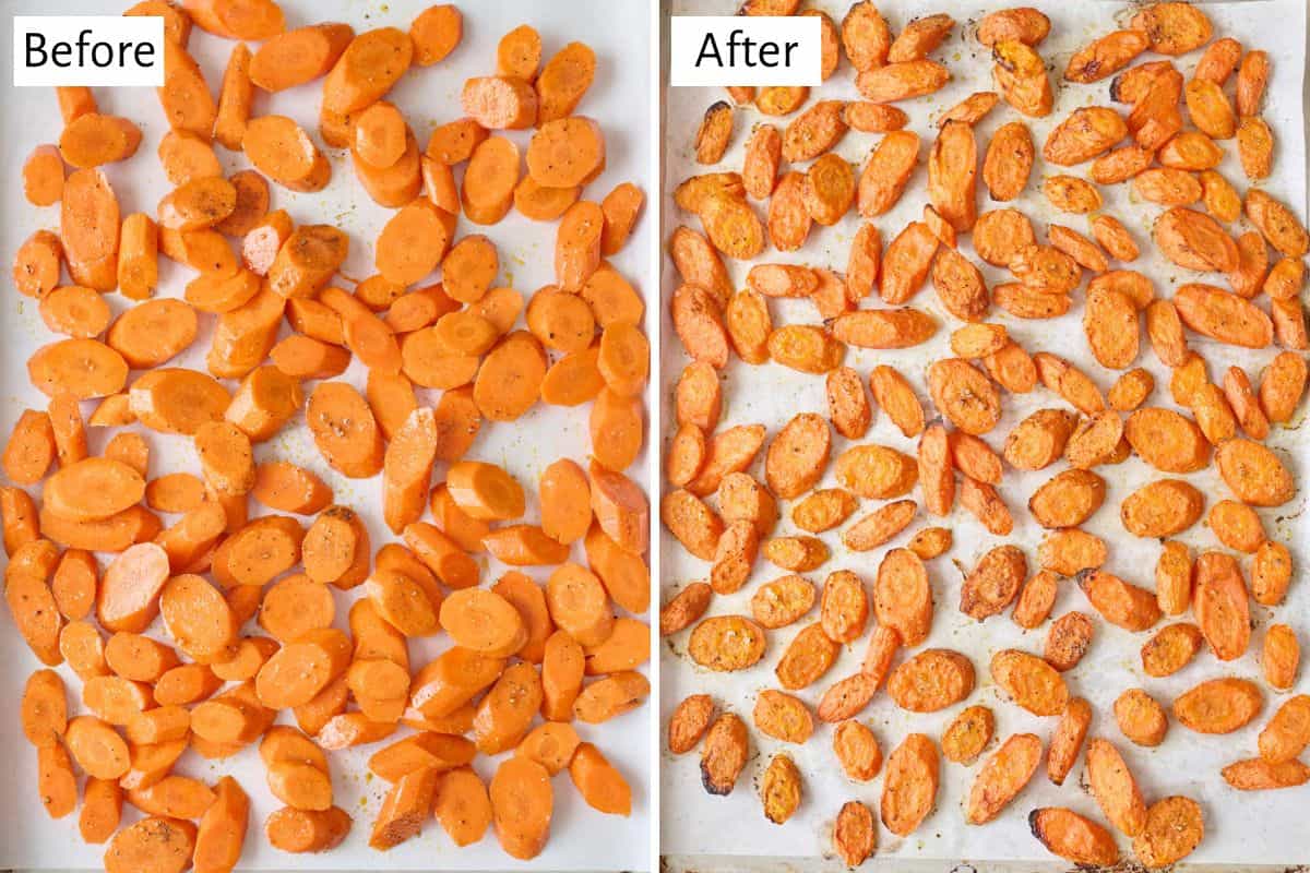 Collage showing the carrots before and after baking
