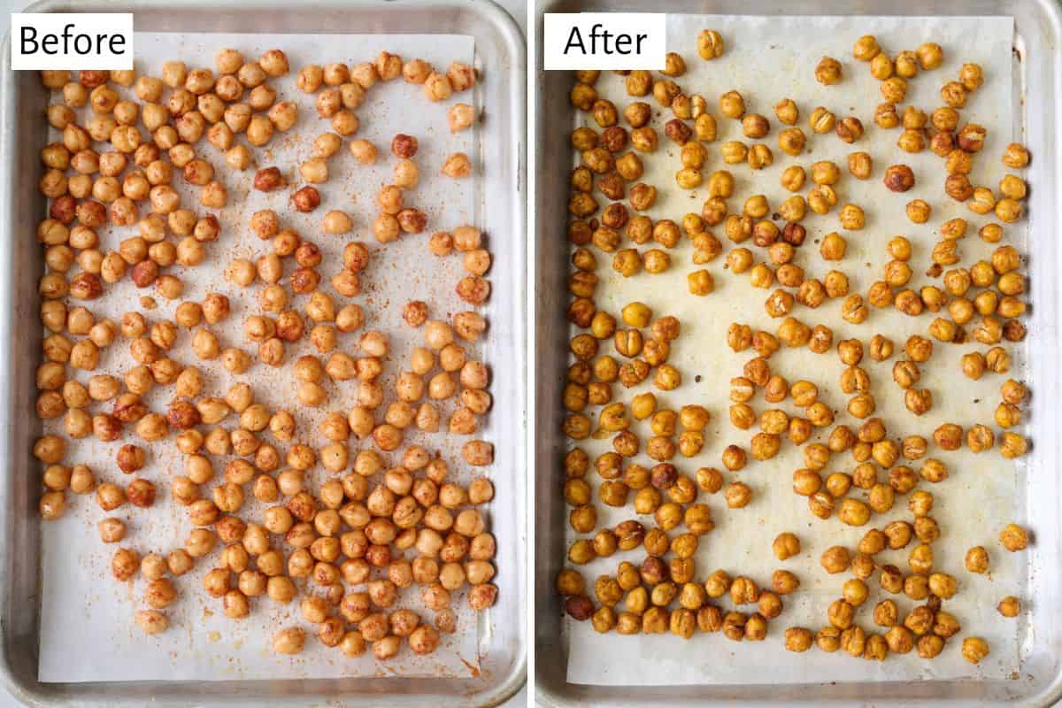 Chickpeas on baking sheet with olive oil and spices
