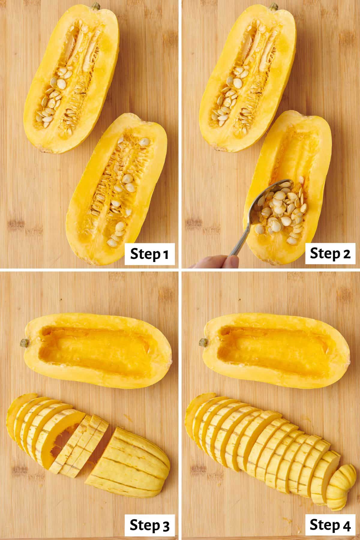 4 image collage preparing vegetable for roasting: step 1- delicata squash cut in half, flesh side up to show seeds, step 2- spoon scooping seeds out of one half, step 3- one half flipped flesh side down partially cut into slices, step 4- after one half is completely sliced.