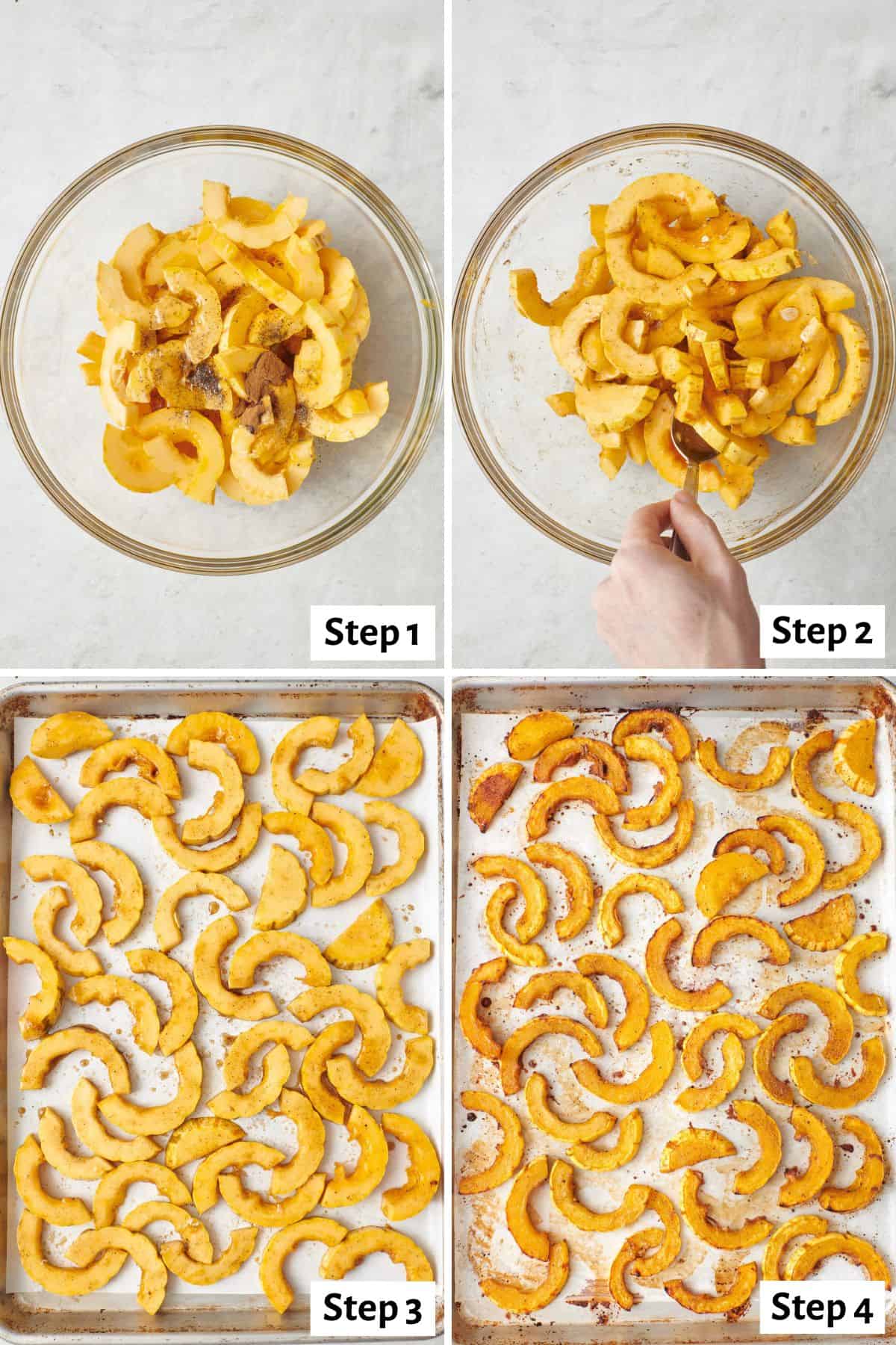 4 image collage of recipe: 1- delicata squash slices in a bowl with spices, step 2- after tossing together with oil to coat well, step 3- slices arranged in a single layer on a sheet pan, step 4- after roasting.