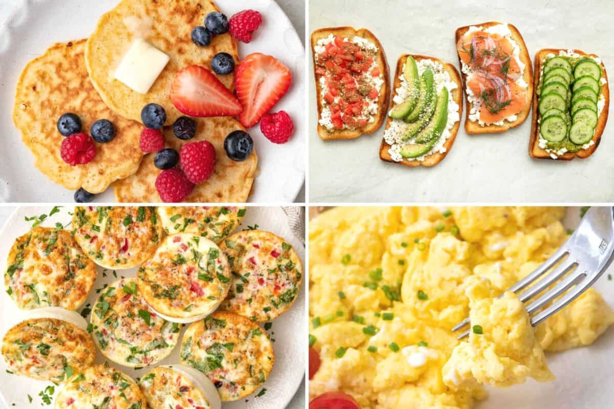 4 image collage of breakfast recipes made with cottage cheese.