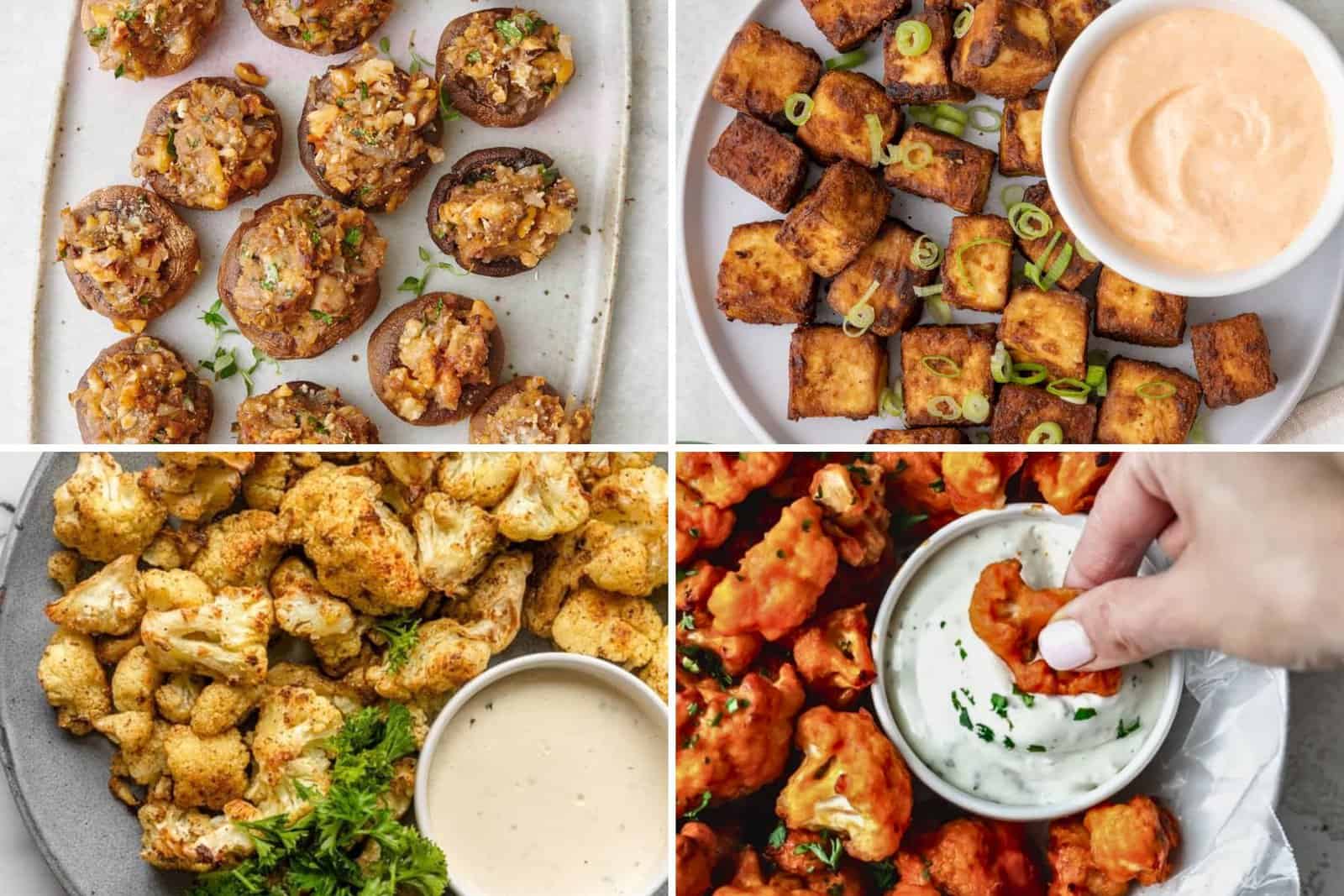 4 image collage of vegetarian snacks and appetizers.