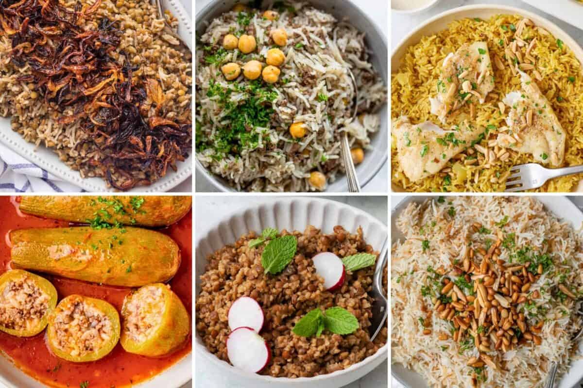 Roundup section image of collected recipes of Lebanese rice dishes.