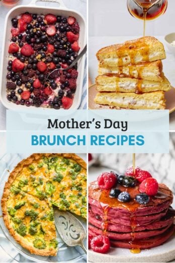 Mother's Day Brunch Recipes round up image showing four different recipe ideas.