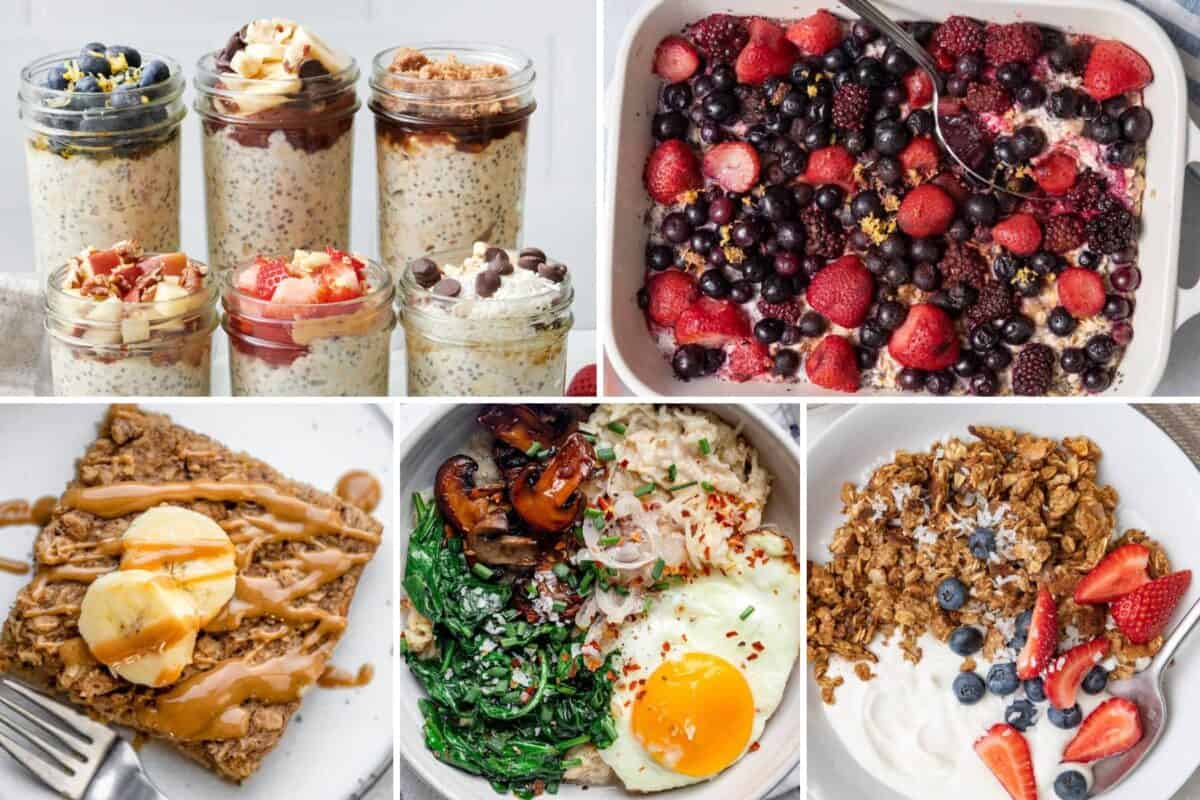 4 image collage of breakfast recipe ideas with oats.