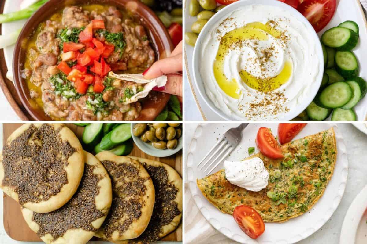 4 image collage of traditional Lebanese breakfast recipes.