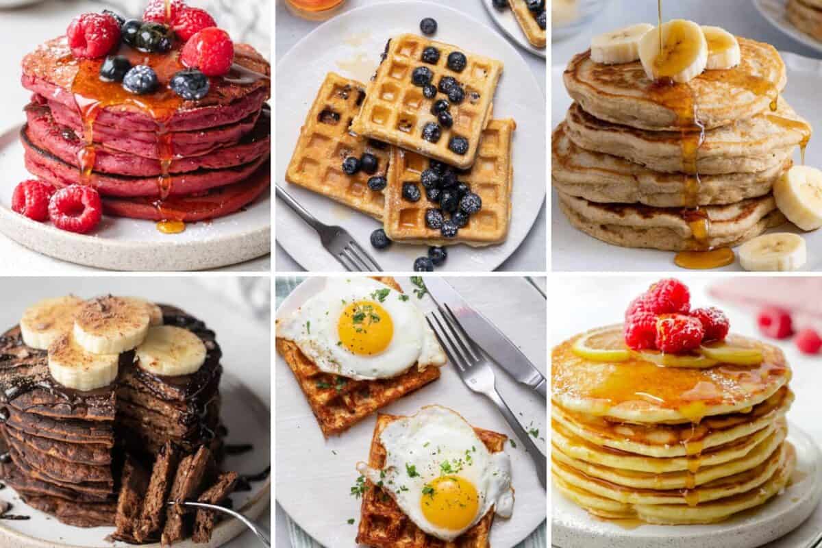 4 image collage showing stuffed french toast, crepes, waffles, and pancakes.