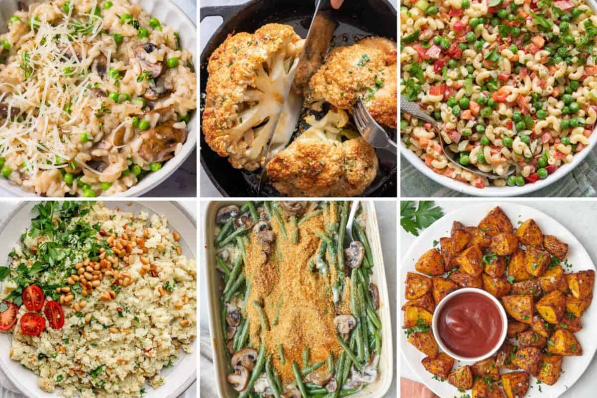6 image collage of vegetarian side dish recipes for Christmas dinner.