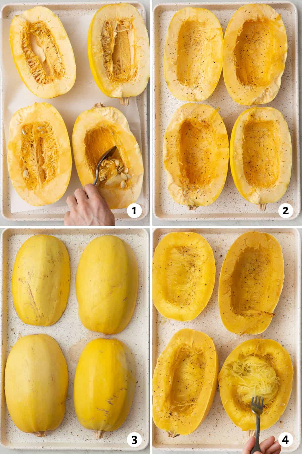 Collage of two images showing spaghetti squash halved face up with salt and pepper and then face down on a rimmed baking sheet with water
