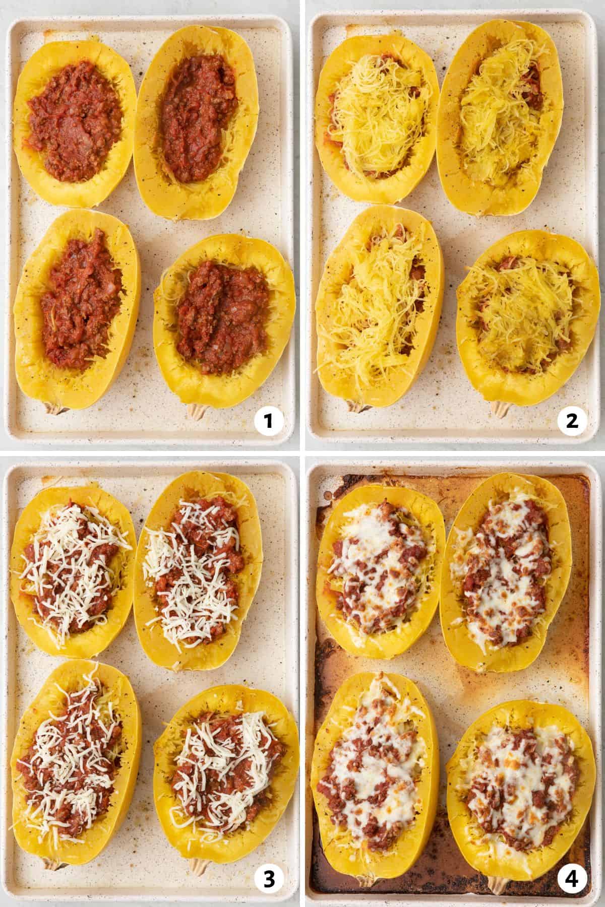 Collage of two images showing the lasagna sauce stuffed inside spaghetti squash and then the cheese being added