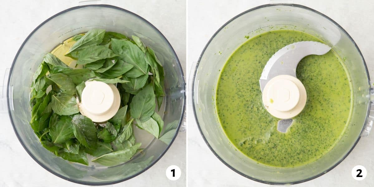 2 image collage making dressing: basil and other dressing ingredients in a food processor before and after blending.