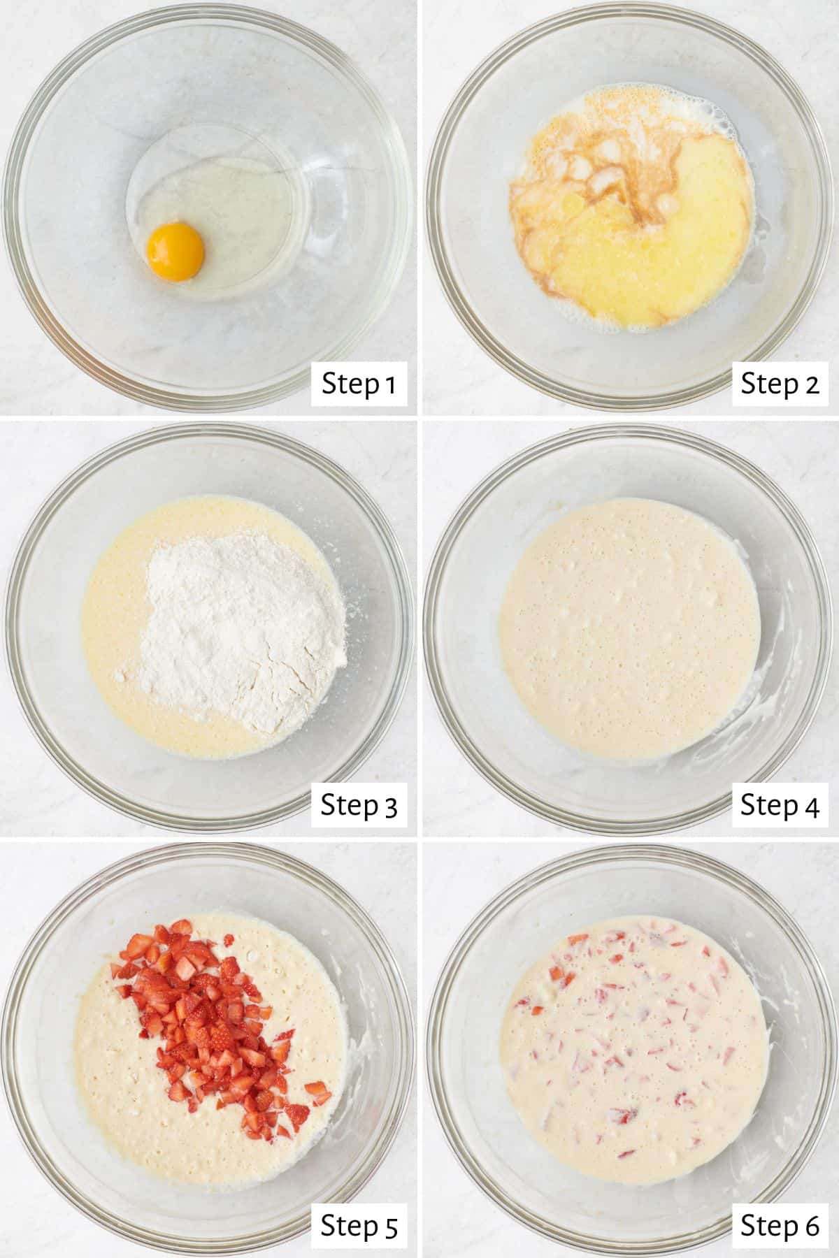 6 image collage making recipe in a large bowl: 1- egg in a bowl, 2- after whisking together with vanilla and milk added, 3- after combining with dry ingredients added, 4- after mixing pancake batter, 5- diced strawberries added, 6- final batter.