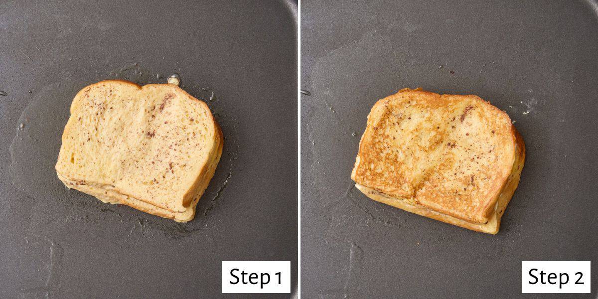 Collage of two images showing the stuffed french toast batter before and after mixing