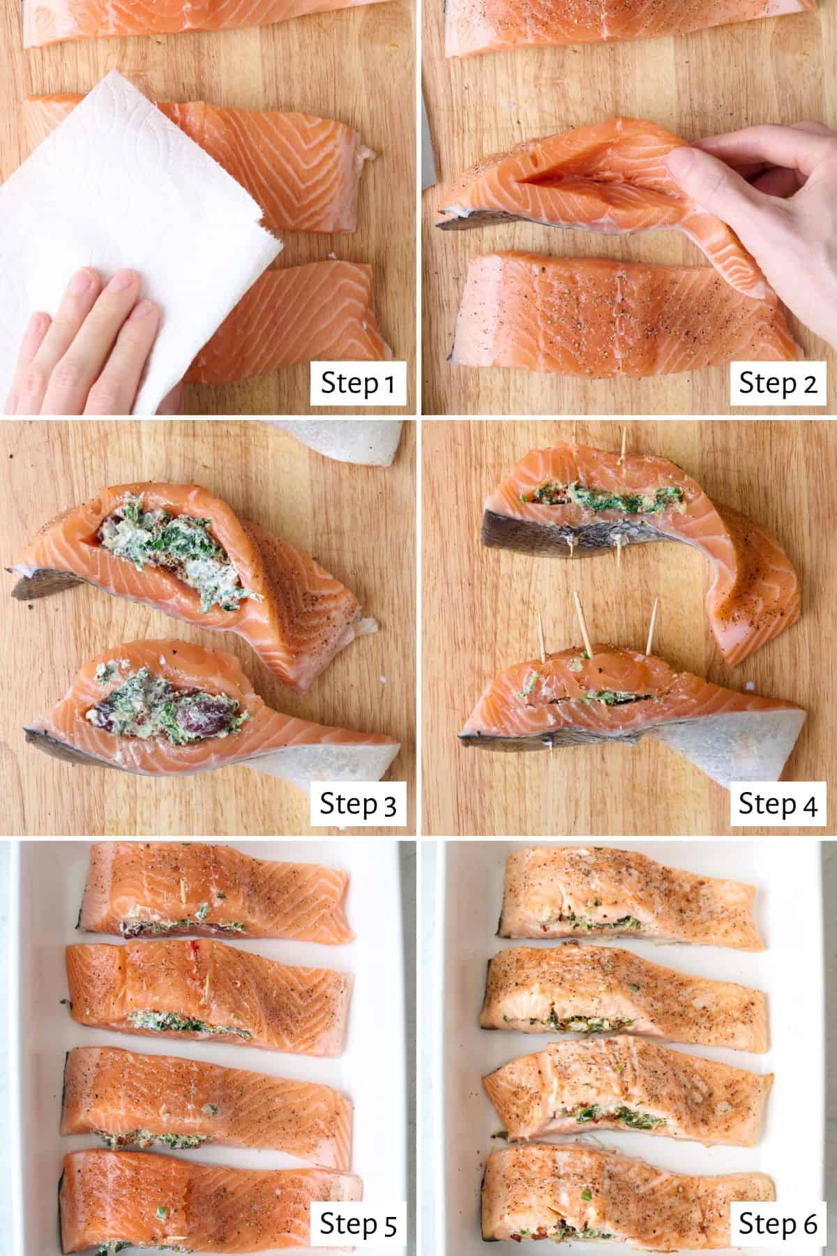 4-image collage of preparing salmon: 1 - Patting salmon fillets dry on a cutting board; 2 - After slicing a pocket and seasoning fillets with salt and pepper; 3 - After stuffing with yogurt filling; 4 - After closing the fillets with a toothpick.