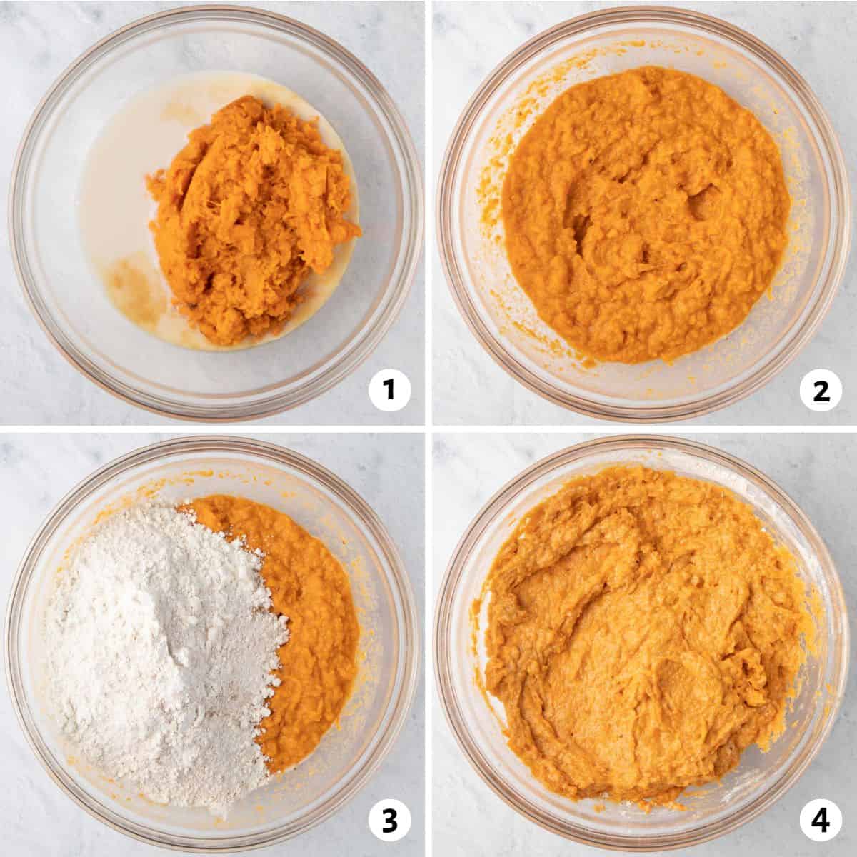 Collage of wet ingredients being mixed in blender