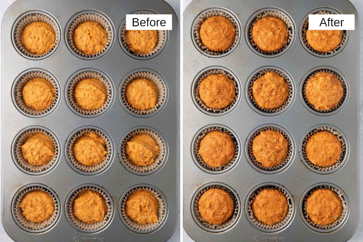 Collage of the muffins in the tin before and after baking
