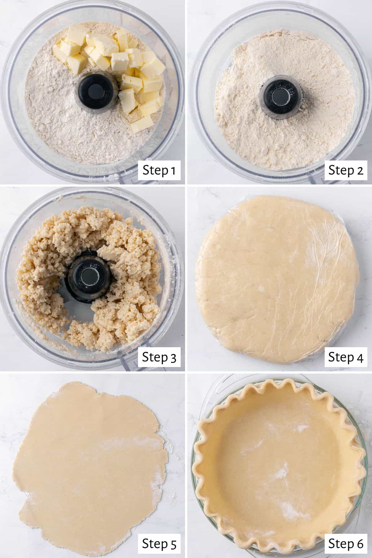 6 image collage making recipe: 1- flour and cubed butter in the bowl of a food processor before processing, 2- after processing into a small crumb, 3- after water added to show shaggy dough, 4- dough flatten into a disc and wrapped in plastic, 5- rolled out thin, 6- pressed and shaped into a glass pie plate.